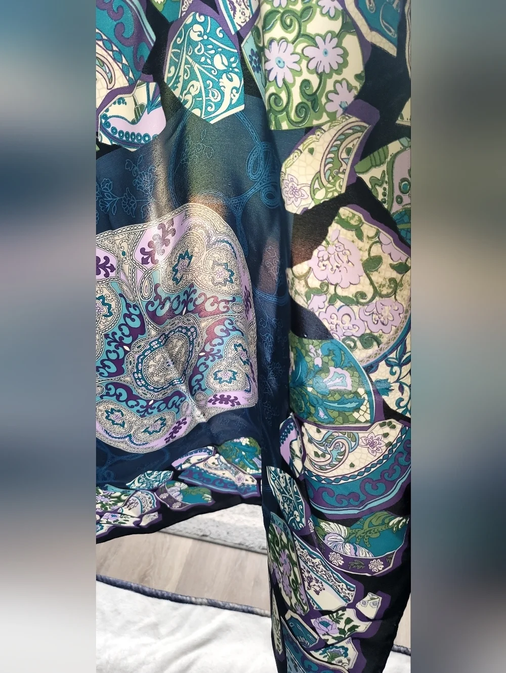 Vintage Chinese Pottery Print Blue Purple Hand Rolled Silk Scarf 26